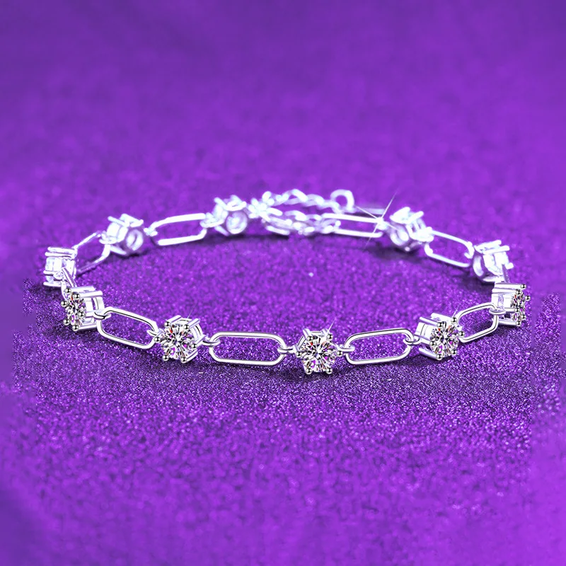 

S925 Silver White Gold Plated 3CT D Color Moissanite Pin 6-Prong Full Row Bracelet for Women, Exquisite Jewelry.