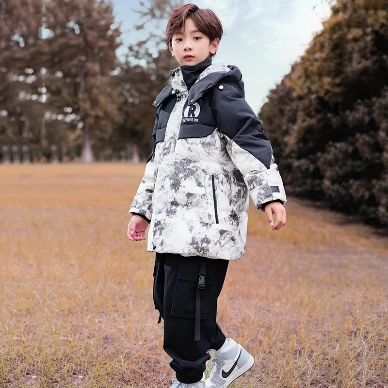 New children's down jacket for boys, medium to long size, Korean version, thick and loose fit, children's clothing, medium to la