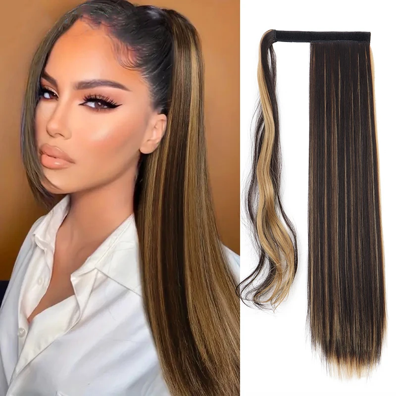 

24Inch Synthetic Long Straight Wrap Around Ponytails Hair Extension Adds Volume Easy to Wear for Women Daily Use