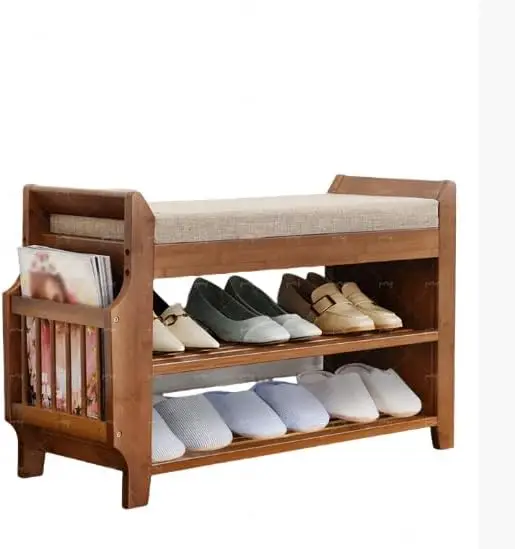 2 Tier Brown Bamboo Shoe Rack Bench with Soft Cushioned Seat