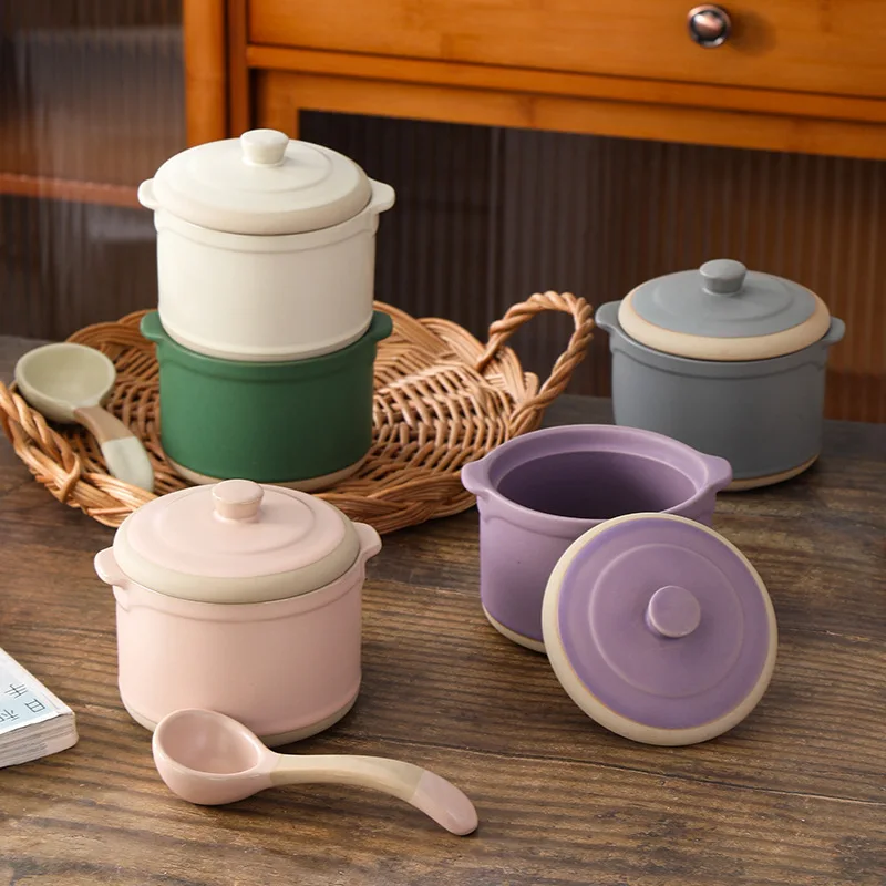 Coarse Pottery Retro Waterproof Stew Pot with Double Ears Lid Household Soup Bowl Solid Color Heat-resistant Bird's Nest Cup