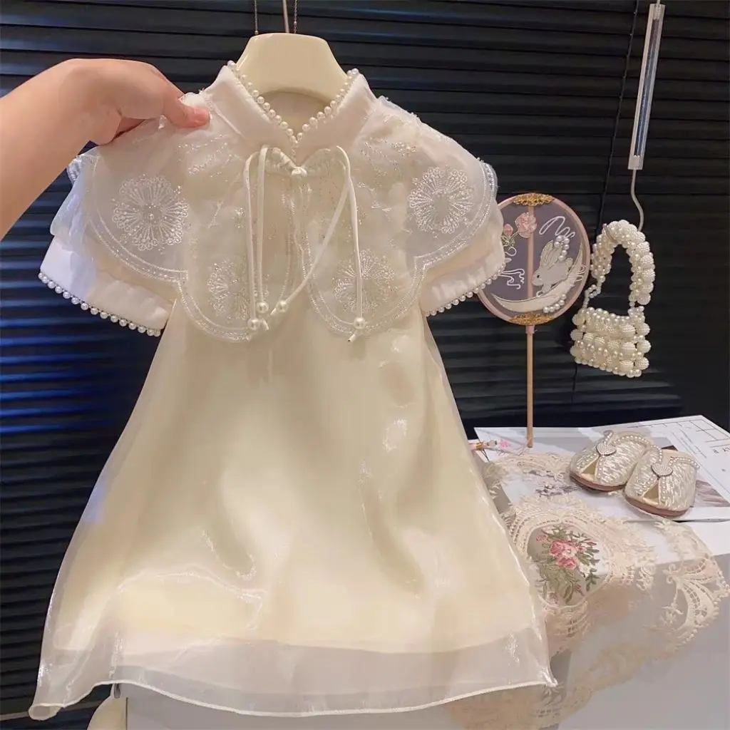 Girls Short sleeve Dress cheongsam Dress Summer New Baby Embroidered Collar Mesh Princess Dress Children's Dress