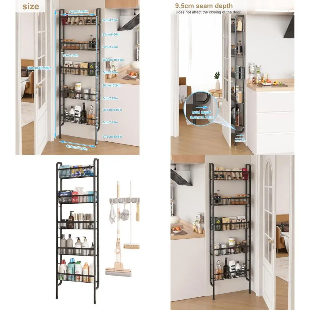 

Компактная 5-ярусная полка для хранения в ванной и кухне, тонкий дизайн для экономии места в черном цвете