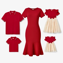 PatPat Family Matching Solid Color Short-sleeve Laper-collar Tops and Mermaid/Mesh Dresses Sets