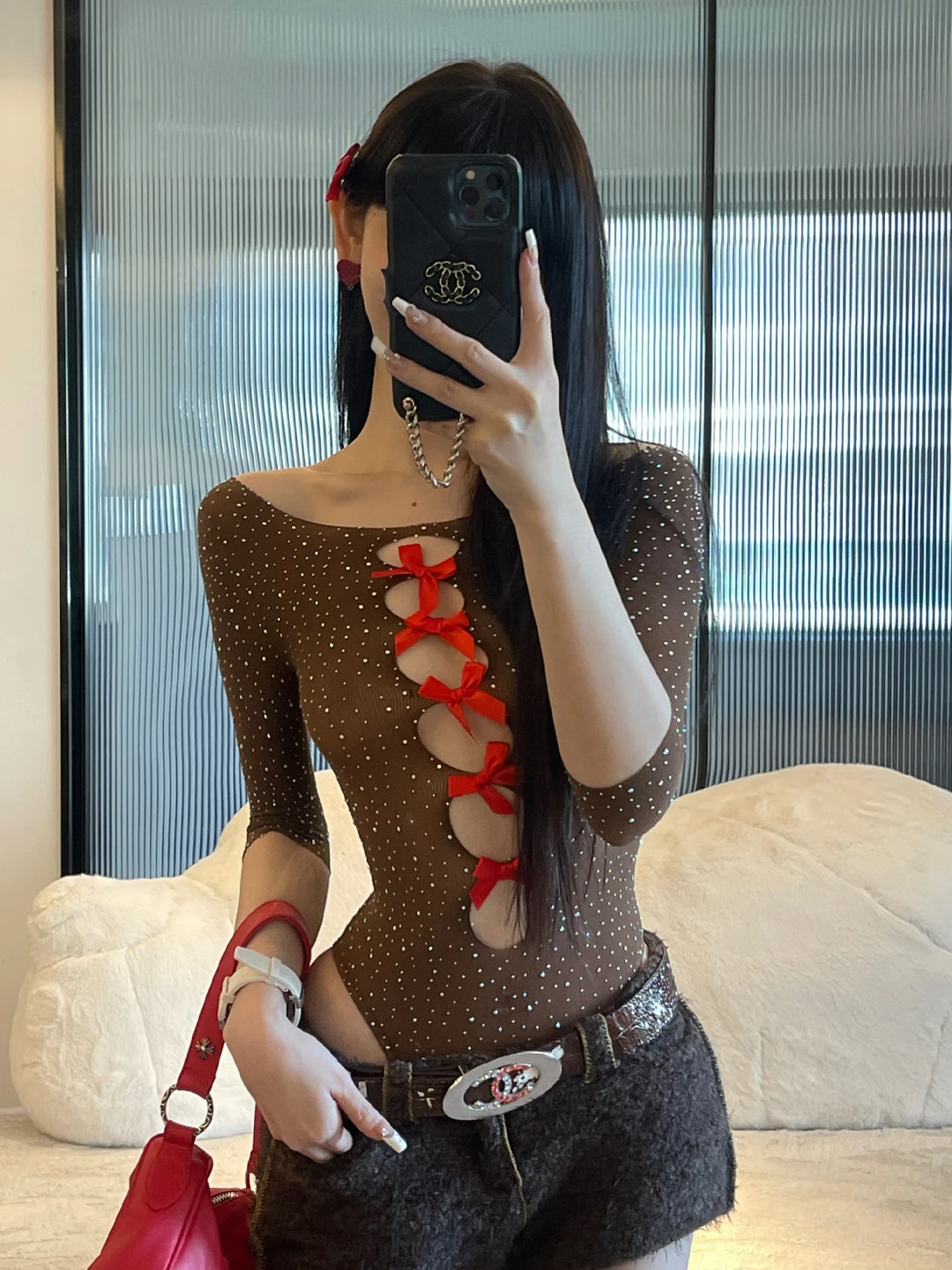 

ChiclyNana Sexy Knitted One-Piece Suit with Hollow out Knot And Rhinestone Low Waist Straight Leg ort Pants