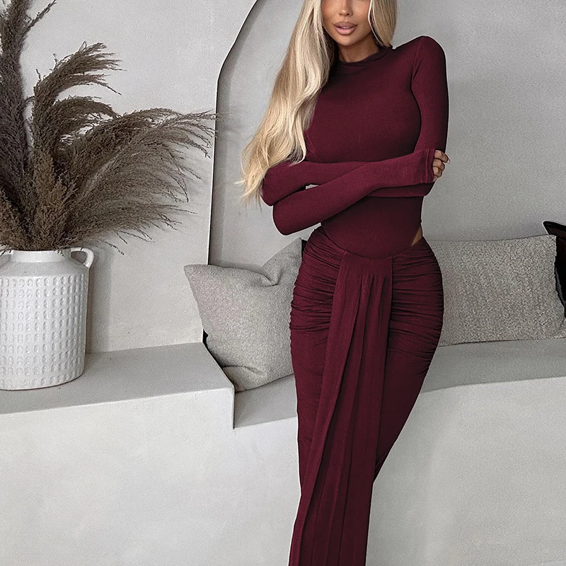 MSCSZ Long Sleeve Maxi Dress Suit Women Bodysuit And Skirt Sets 2 Piece Outfits Autumn Winter Party Festival Outfits