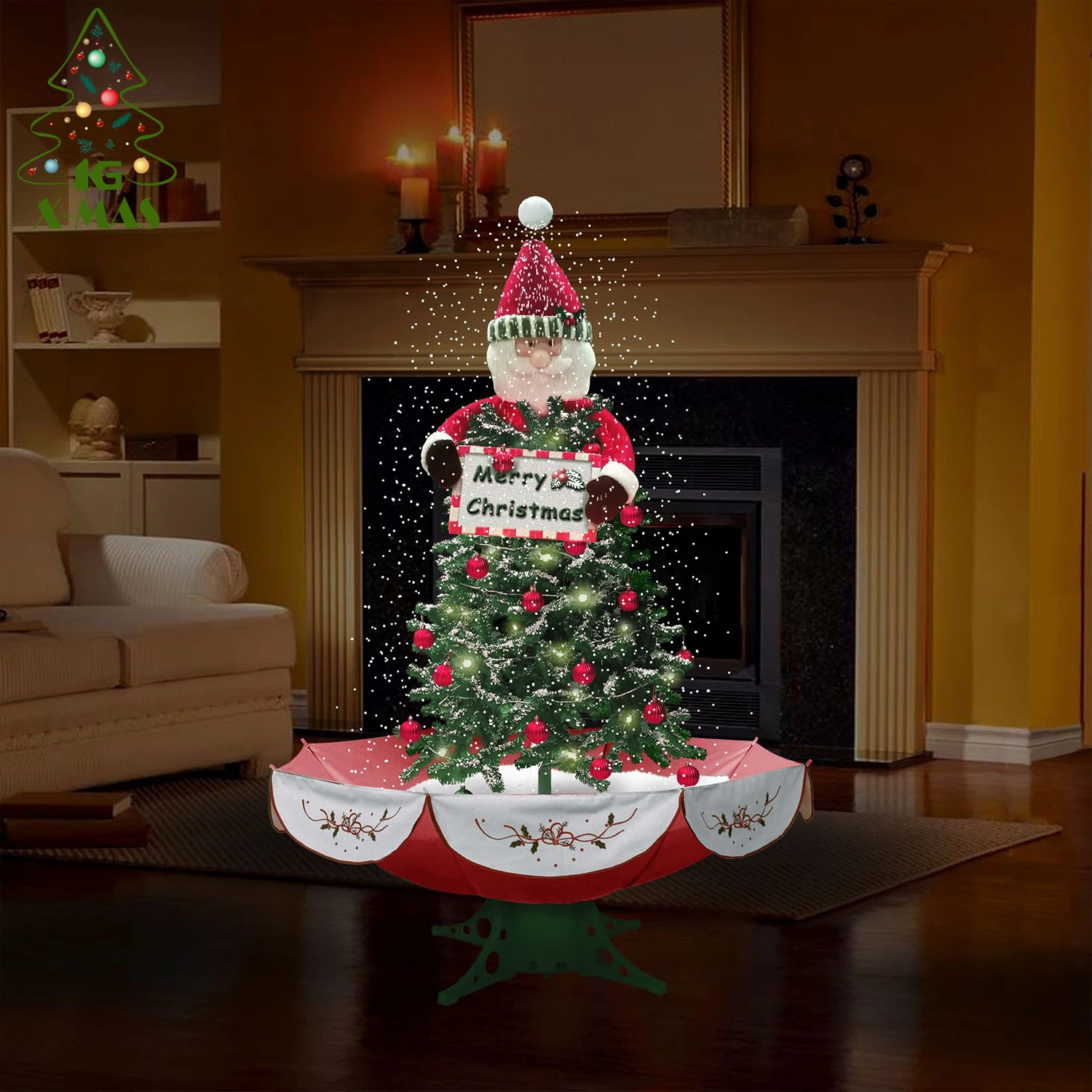 

KG Xmas New Products Noel Natal Navidad 170cm Red White Snowman Umbrella Shape Base Led Lighted Electric Christmas Snowing Tree