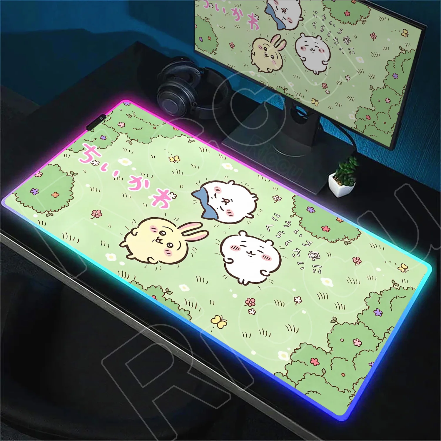 Niedliches Anime-Chiikawa-Gummi-Mauspad, 40 x 90 cm, LED-Licht, leuchtender PC-Teppich mit hintergrundbeleuchteter RGB-Gaming-Tastaturmatte, Mädchen-Schreibtisch