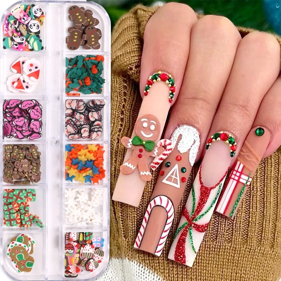 12 Grids Christmas Cartoon Nail Cute Polymer Clay Slices Santa Gingerbread Penguin Snowflakes Gem Jewelry DIY Manicure Art Decor