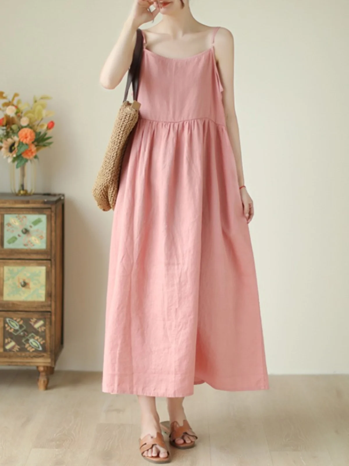 Artistique ample coton lin Midi Dr Svel mince Simple a-ligne robe Vintage Sle décontracté été Faion femmes Dr