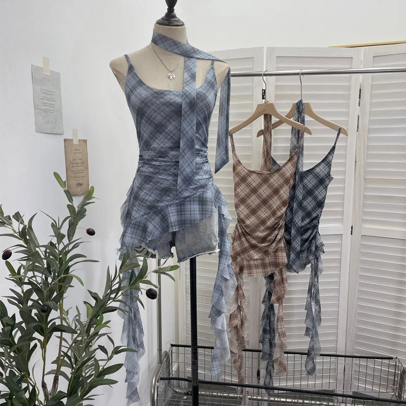 Mesh Check Asymmetric Strappy Summer Bandeau Top Form Fitting Ribbon Halter Neck Sleeveless Blouse  Y2k Woman T-shirt 8160