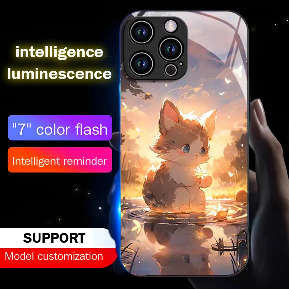 Adorável gato dos desenhos animados caso de telefone luminoso led luz vidro à prova de choque capa para iphone 16 e 15 14 13 12 11 pro max xr xs plus