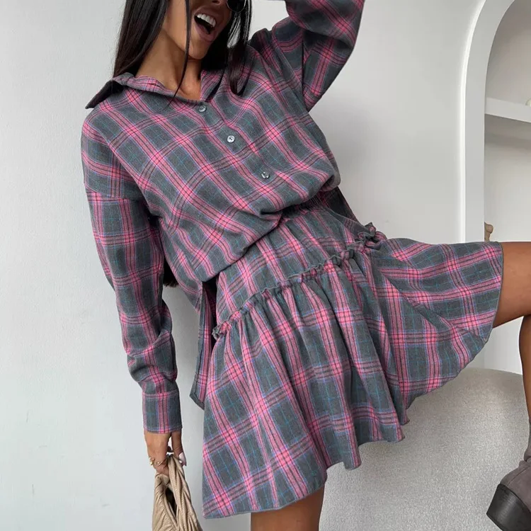 Women's Plaid Skirt Set with Lapel Shirt Tie Waist Cinching Casual Style Long Sleeve Three-piece Winter Fashion Ensemble