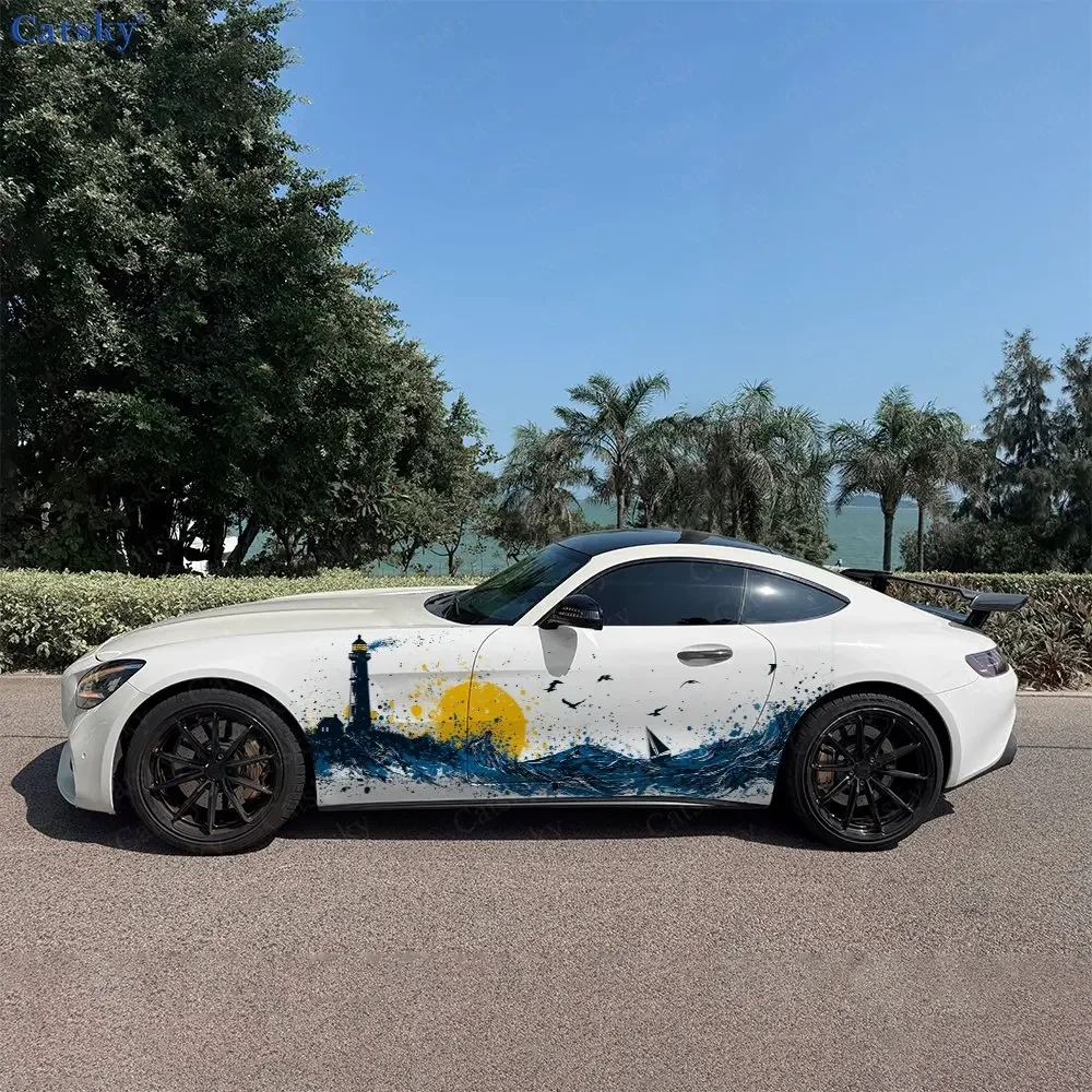 2pcs Lighthouse Seaside Car Decal Full Body Floral Decoration Covering Scratches Protect Car Decal Waterproof Car Vinyl Wraps