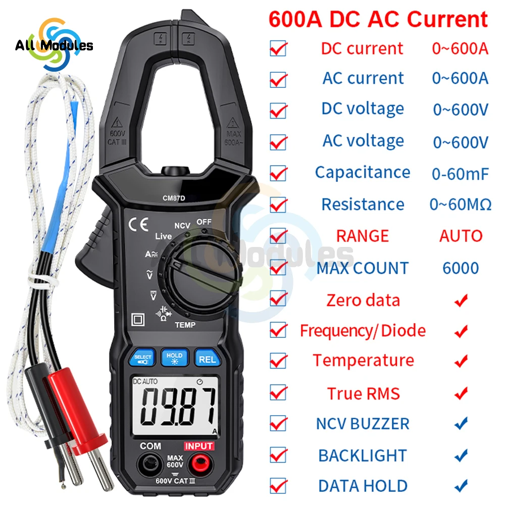 CM87D Clamp Meter 600A True AC/DC Current Amp Meter 6000 Counts Measures Amp Volt Temperature Capacitance Resistance