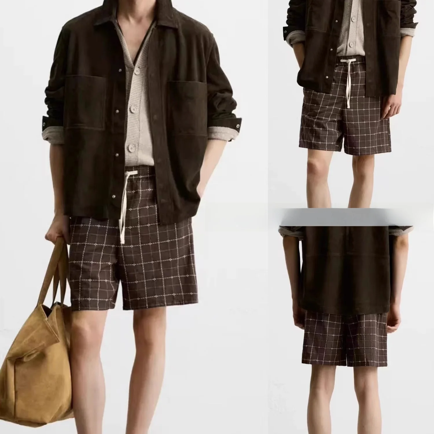

New 2025 Summer Men's Loose Cotton Plaid Casual orts Five-Quarter Pants Straight Leg mid Waist Youthful Energy Faion