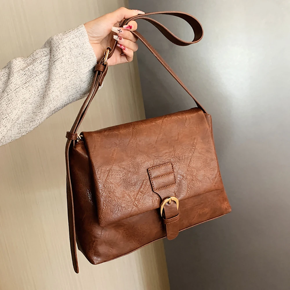 Trendy Vintage Leather Shoulder Bags for Women Korean Style Exquisite Solid Color Crossbody Large Capacity Square Messenger Bag