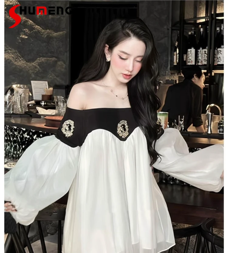 

Fashion Off-the-Shoulder Shirts Women's 2024 Early Autumn New High-end Light Luxury Socialite Contrast Color Unique Small Skirt