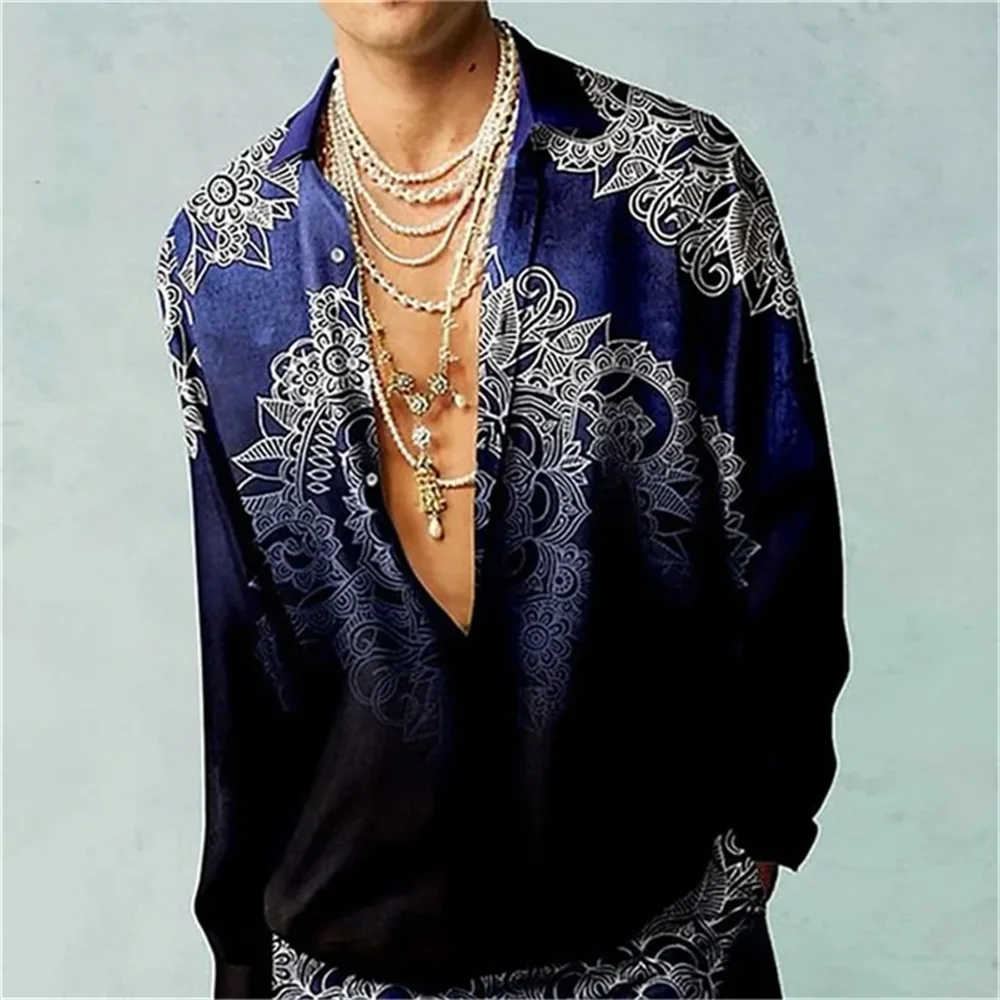 Casual Simple Long Sleeve Shirt Men Autumn Long Sleeve Shirt Men Ethnic Style Graphic 3D Printing Holiday Day Button Men