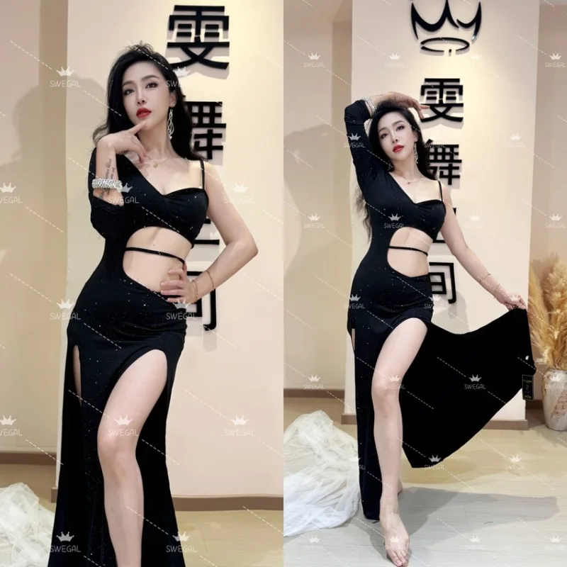 

Индивидуальная одежда для танца живота, сексуальное платье с открытыми плечами и талией, с одним рукавом, костюм для восточного танца, сексуальный комбинезон, халат