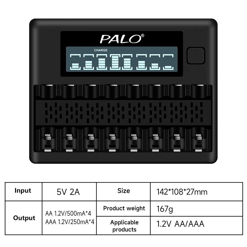 PALO 8 Slots LED Display Smart Battery Charger For 1.2V NI-MH NI-CD AA AAA Rechargeable Battery Independent Battery Charger