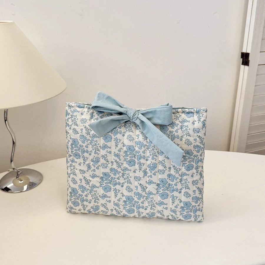 1PC Floral Quilted Makeup Bag with Bow Large Capacity Multifunctional Practical Lightweight College Style Unsealed Lined