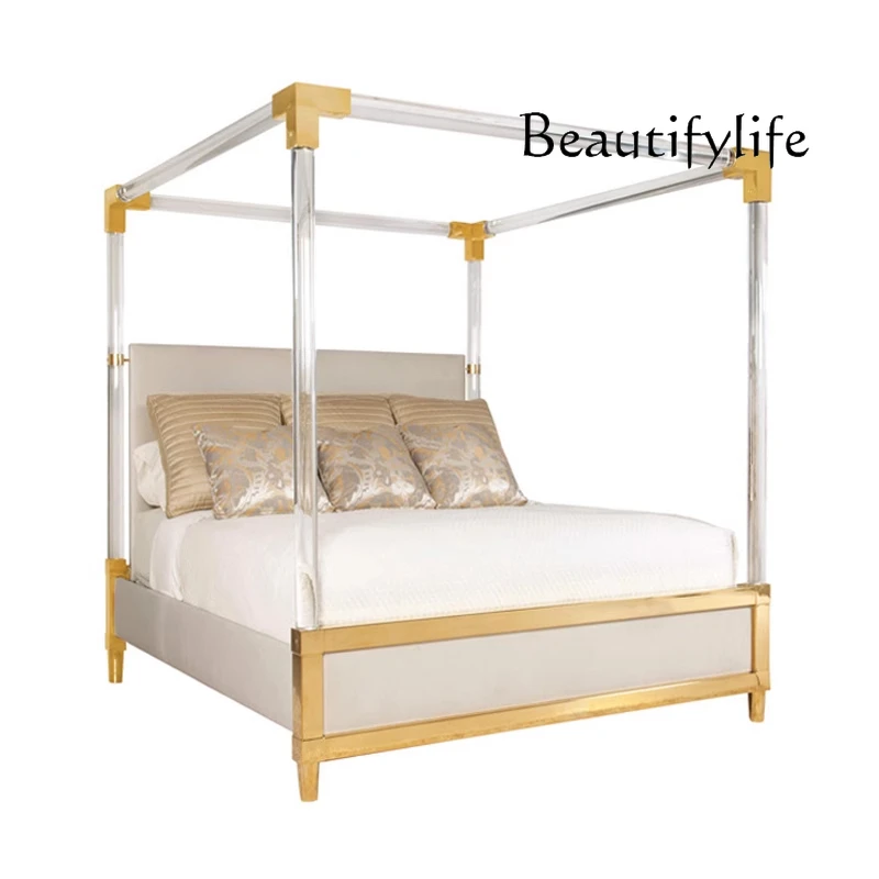 Light luxury suspension acrylic bed frame simple with backrest stainless steel frame bedroom double bed