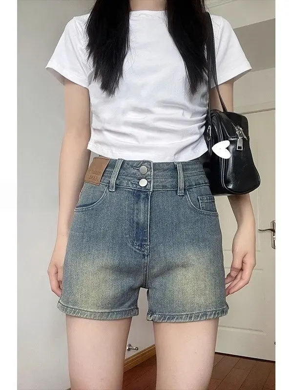 Retro High Waist Thin Denim Shorts Women's Summer Elastic Slimming Small Size Sexy A-Line Hot Pants Casual Cotton Stretch Denim