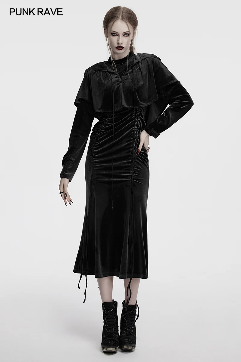 PUNK RAVE – cape d'elfe perdue en velours élastique pour femmes, minimaliste, à capuche, ourlet Long dans le dos, boules de fourrure flexibles, petit manteau trois couleurs