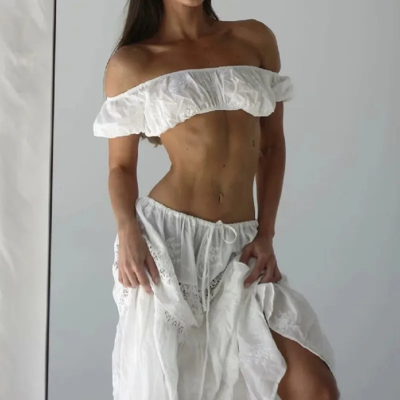 Sexy Corset White Embroidery Flower Ruched Chest Elastic Shoulder Crop Top Women Short Puff Sleeve Tanks Top High Waist Tee