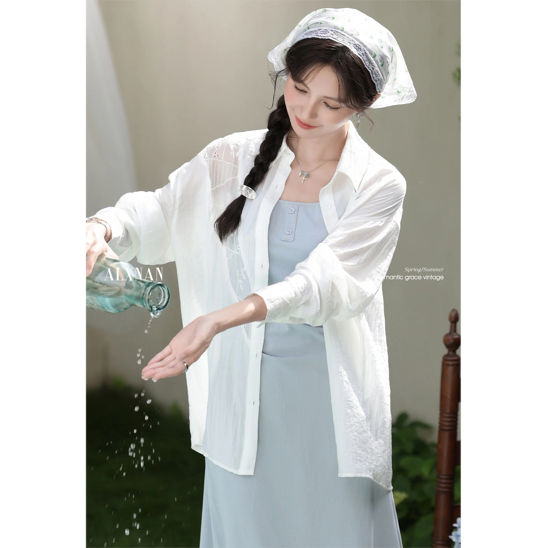 ALXNAN Plus Size Shirt Wit Casual Strand Zonnebrandcrème Lange Mouw Blouses Zomer Elegant Loose-fit Vakantie Dameskleding D11749