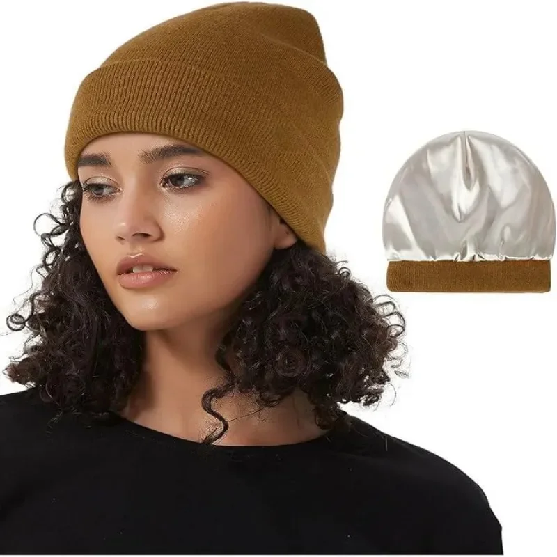 No Static-No Frizz-No Tangle Hat Unisex Knitted Satin Lined Beanies 2layer Anti Static Hair Cover Sleep Hiphop Cap