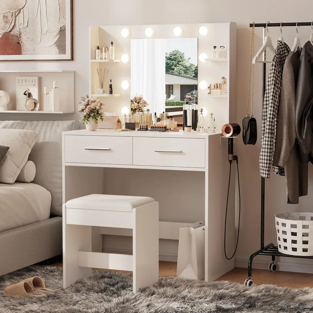 

Makeup Vanity Desk with Mirror and Power Outlet, Vanity with 3 Color Light Options Adjustable Brightness,