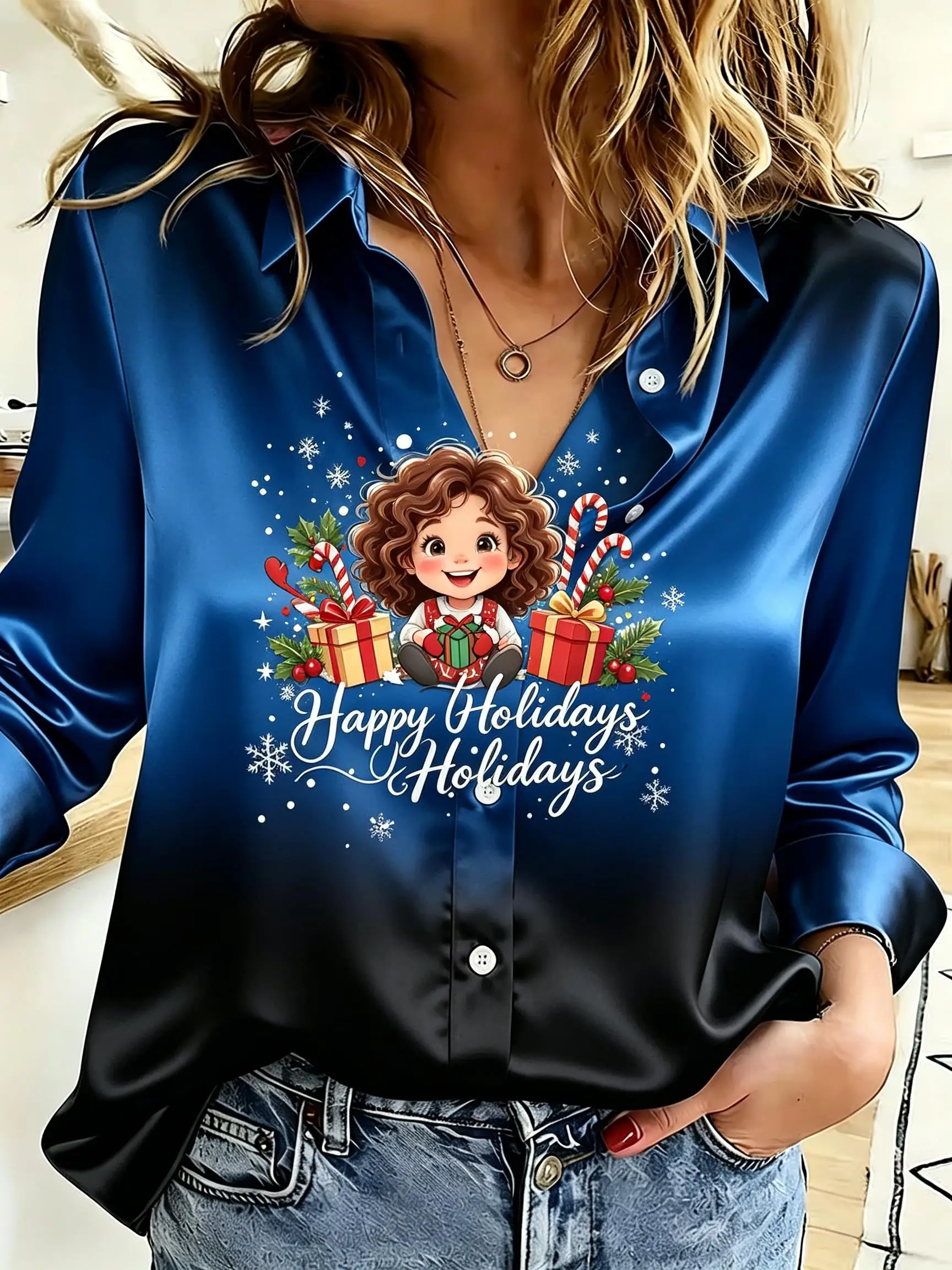 Women Lapel Long Sleeve Button Down Shirt Gradient Background Christmas Cartoon Graphic Holiday Blouse