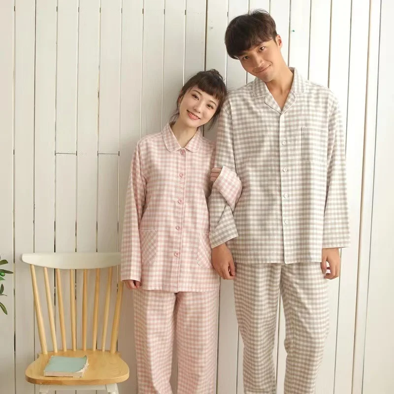 Ensemble de pyjama en fil de coton pur double pour hommes et femmes, vêtements de nuit pour couple, sans couture latérale, haute qualité, printemps,