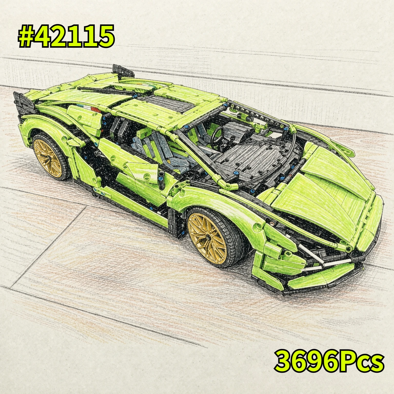 Superdeportivo Sedán Verde 1:8 con Extensiones Periféricas Compatibles con Piezas Lego, Ideal para Regalos de Navidad, 3696 Piezas