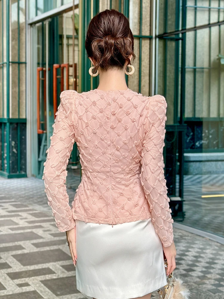 الحلو الوردي شبكة الأزهار الخامس الرقبة قميص المرأة الشارع الملابس أنيقة سيدة Mujer نفخة الأكمام سليم القمم بلوزة غير رسمية موضة الخريف #2