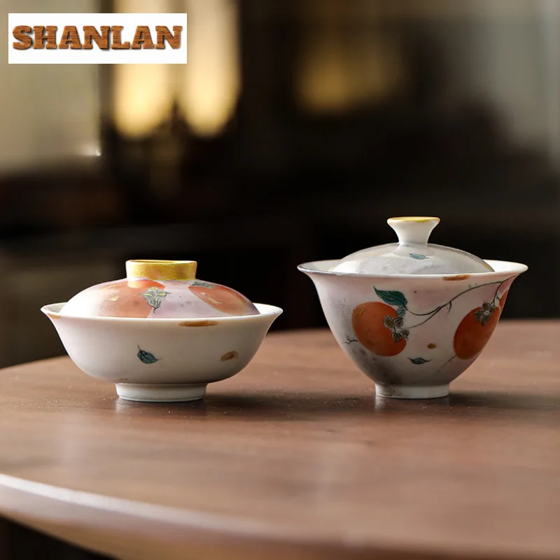 

Роскошная чайная чаша Persimmon Gaiwan с ручной росписью и набором крышек, чаша для чайника, чайный сервиз кунг-фу, аксессуары, подарок