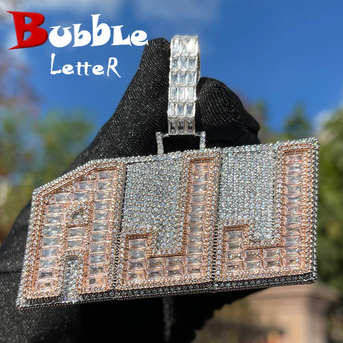 

Bubble Letter Baguette Custom Name Necklace for Men Prong Setting Iced Out Personalized Pendant Two Tone Hip Hop Jewelry