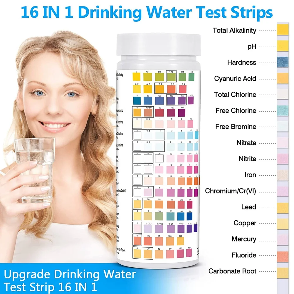 16 in 1 Drinking Water Test Kit, Water Testing Kits for Drinking Water 100 PCS Water Quality Test Strips,Free Chlorine