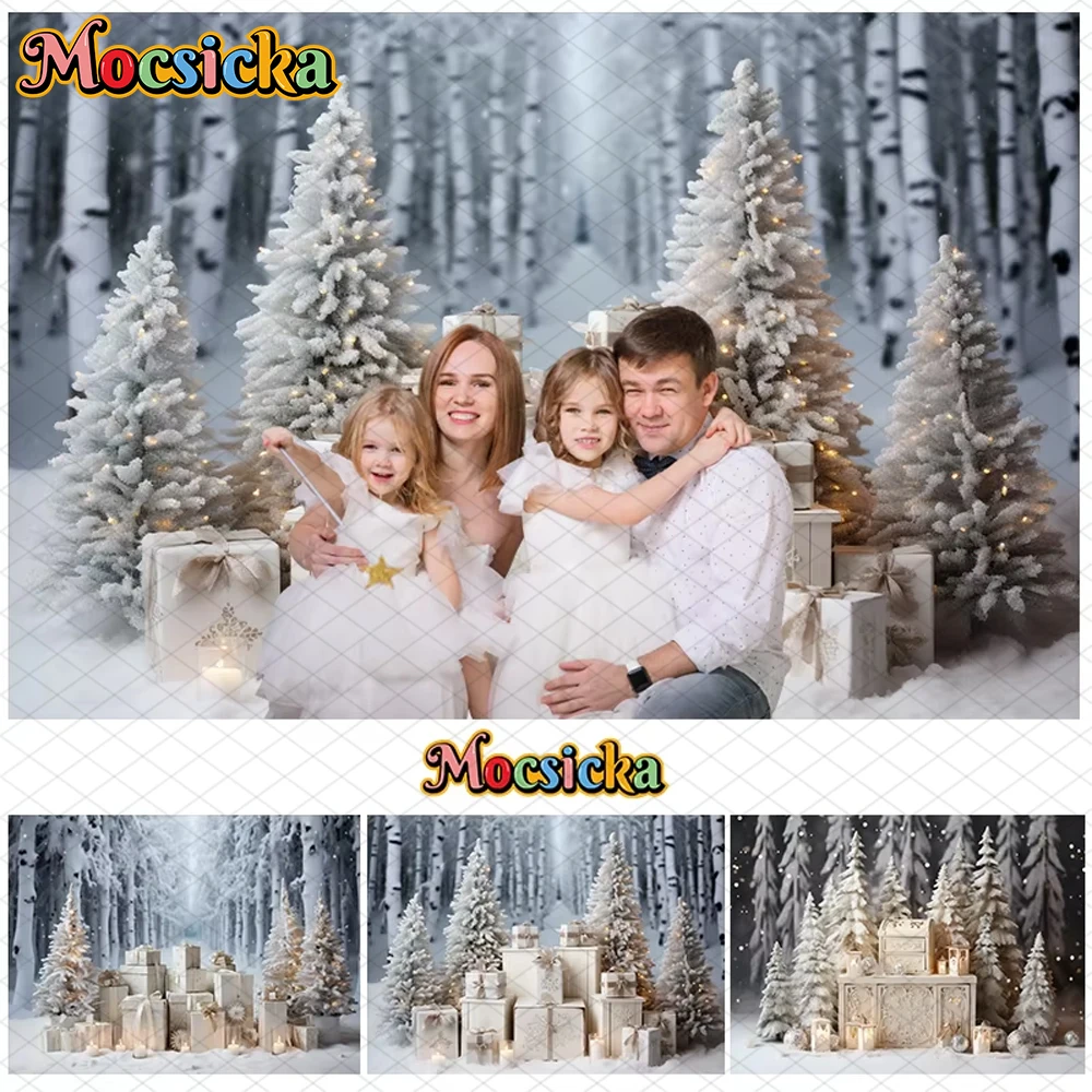 

Mocsicka Christmas Photography Background White Xmas Tree Gift Forest Winter Snow Decoration Family Holiday Party Photo Backdrop