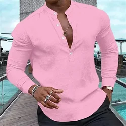 Men's long sleeve shirt casual button half cardigan popular street fashion soft and comfortable men's wear pink blue white