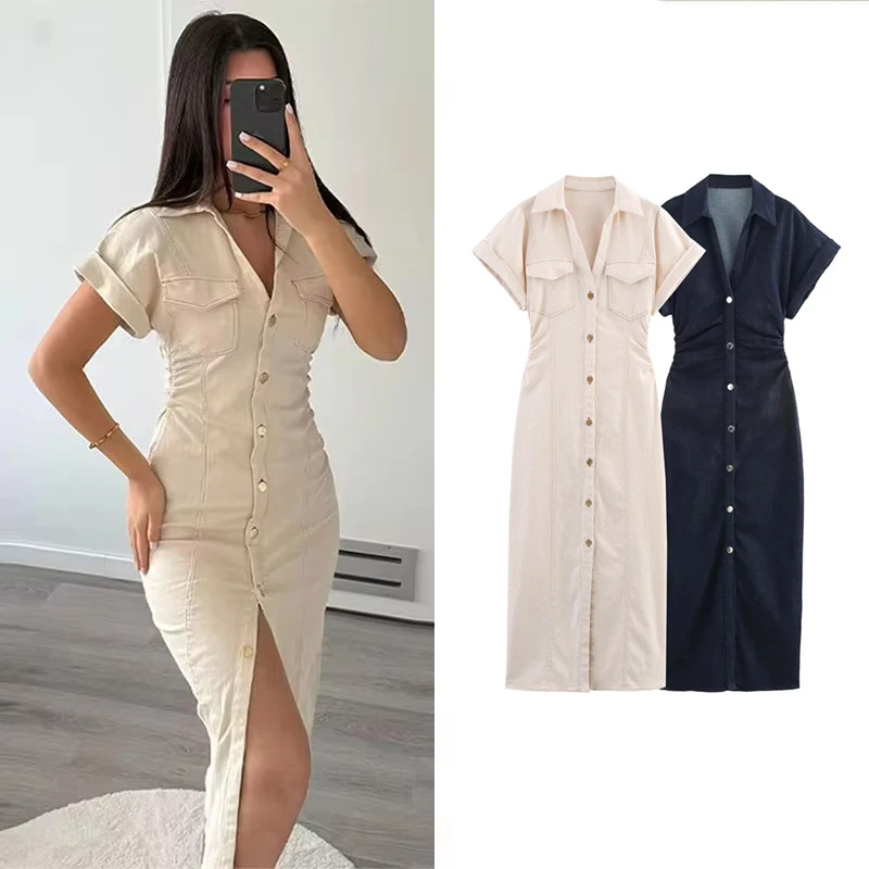 فساتين أنيقة أنيقة بطيات للنساء 2025 موضة الصيف الجديدة واحدة الصدر قصيرة الأكمام فستان طويل عادية Bodycon Vestidos