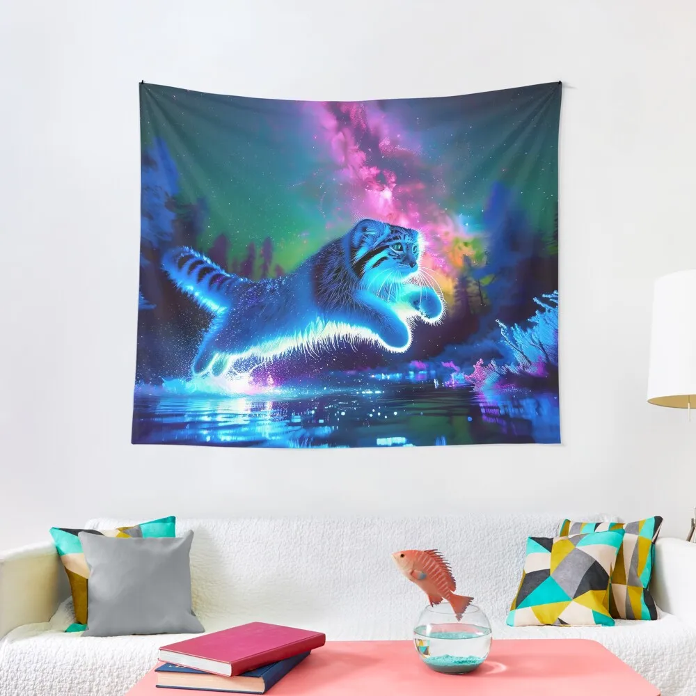 Blacklight Style Pallas Cat Luminous Leap - Mystical Feline Art Tapestry Aesthetic Room Decor Room Decor Cute Tapestry