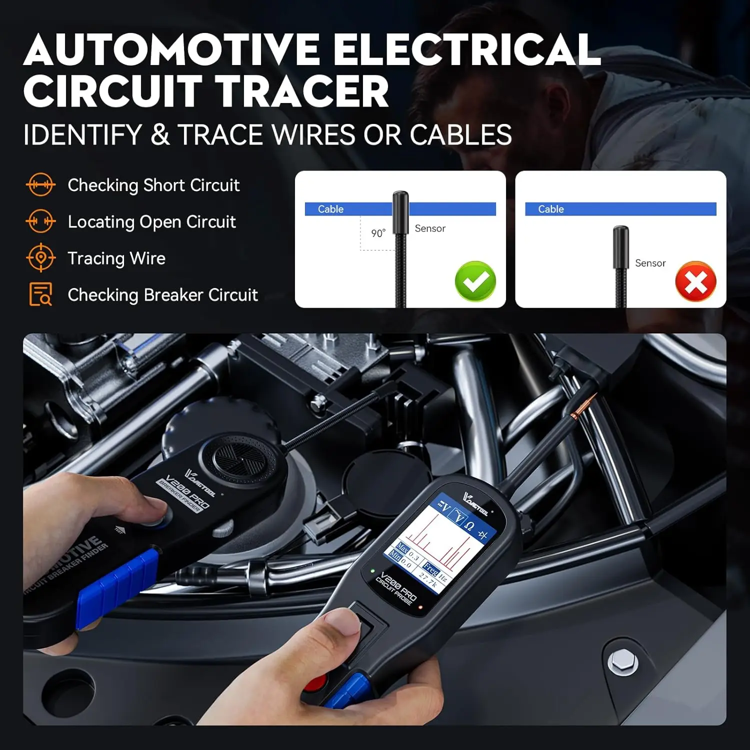 VDIAGTOOL V200 PRO Probador de sonda de circuito de alimentación automotriz con kit de sonda trasera de 30 piezas Buscador de cortocircuito abierto