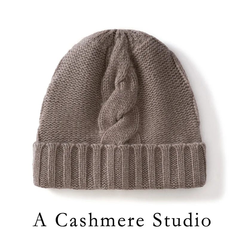 

Новая зимняя женская вязаная шапка из чистого кашемира с манжетами, однотонная утолщенная теплая мужская шапка с витым цветком и защитой ушей