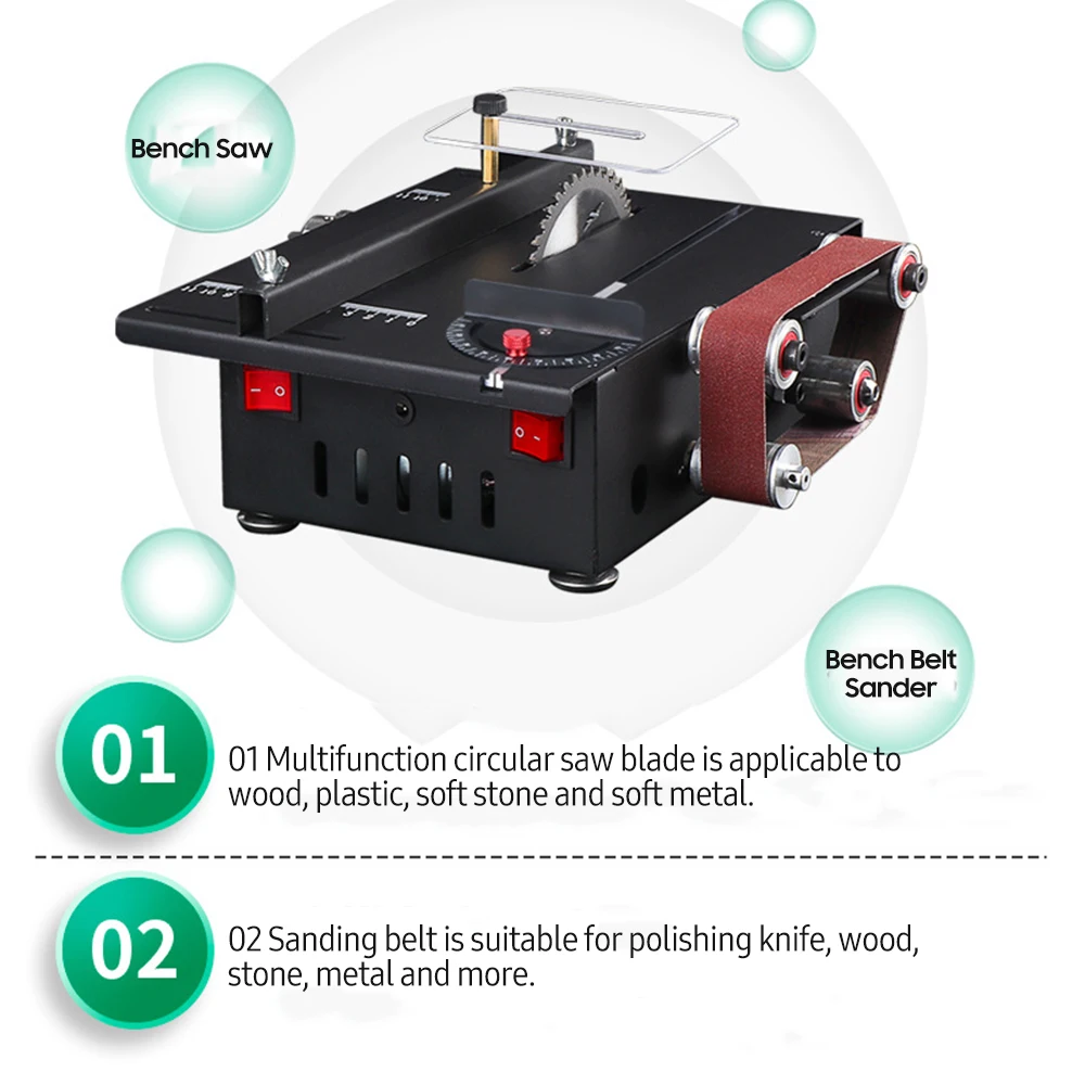 300W Mini Bench Saw and Belt Sander Variable Speed Circular Table Saw 30mm Cutting Depth DIY Benchtop Sanding Machine with Belts