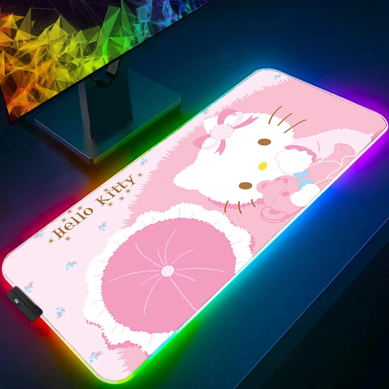RGB Mouse Pad Hello Kitty gamer Large LED Lock Edge Keyboard NonSlip Rubber Computer Carpet Desk Mat PC Gamer Backlight MousePad