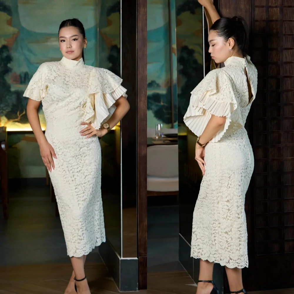 

Customized Exquisite Lace Pleat Ruffle Column High Collar Midi Dresses Homecoming Retro Classic Elegant Formal