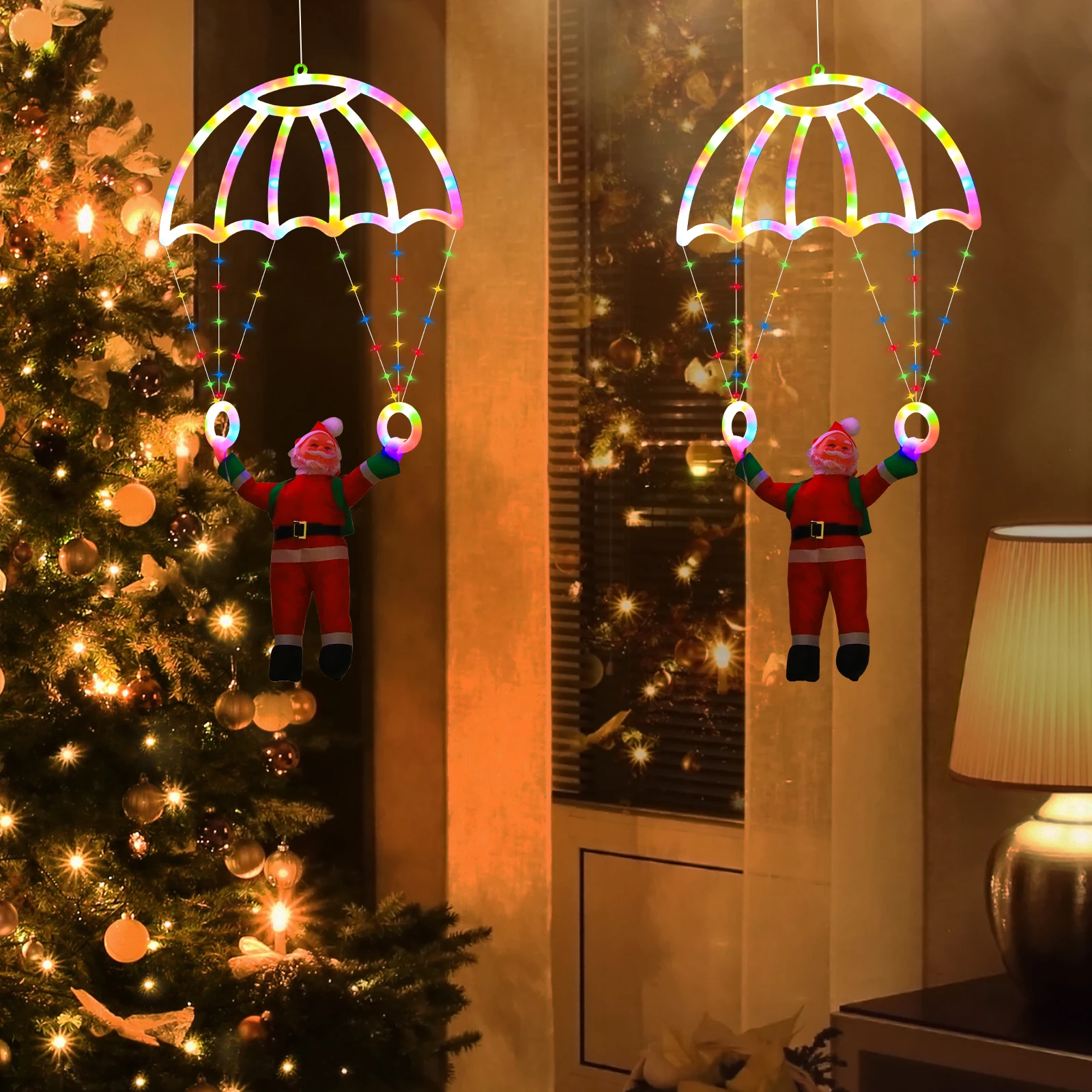 Santa Parachute LED Decor-USB-Powered 8 Modes Remote Control Indoor Outdoor Application Great for Christmas Home Festivities